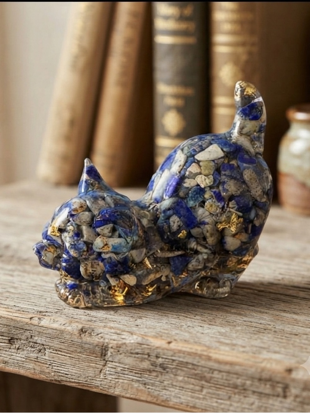 Mini Mosaic Cat Figurine in Blue and Gold (resin)
